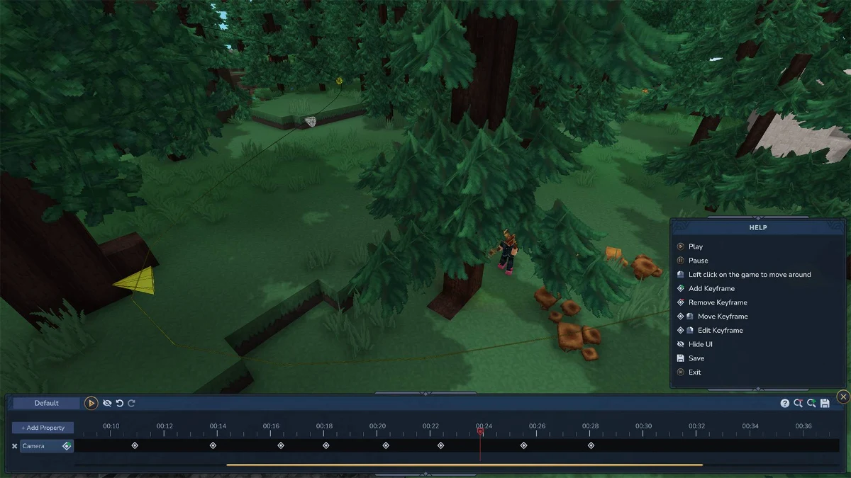 Hytale Replay Mod showing a forest scene, camera path, and keyframe editor