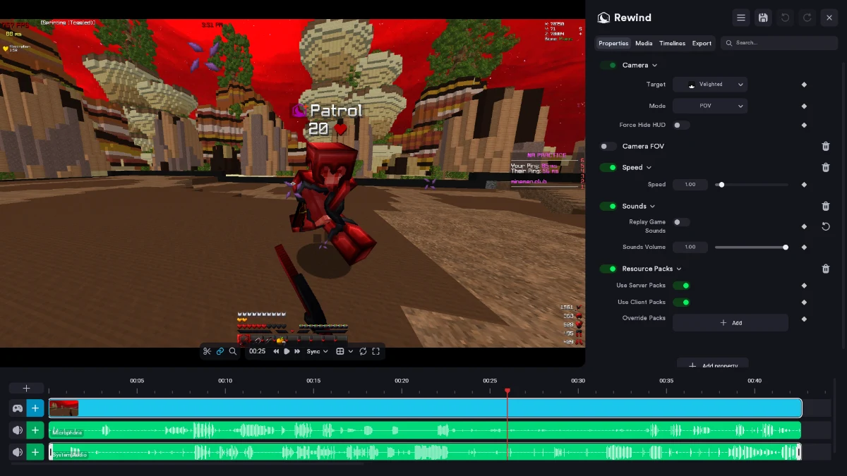 Rewind’s in-game editor and multitrack timeline in Lunar Client