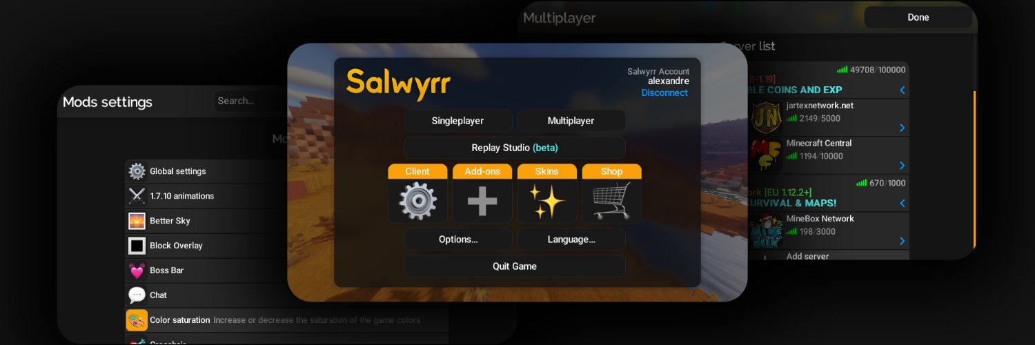 Salwyrr Client’s main menu, mod settings, and multiplayer server list